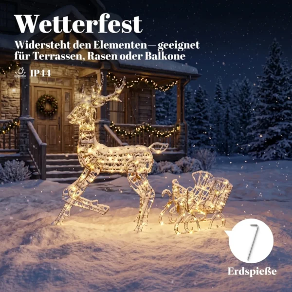 Verlicht Rendier En Slee set, 2 delige Kerstdecoratie Van Polyrattan Voor Buiten, Met LEDs, 8 Modi, Timer