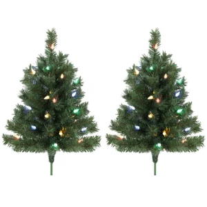 Verlichte Kerstboom 60 Cm, Set Van 2, Kunstmatig, Met 60 Kleurrijke LED lampjes, 130 Takpunten, Groen