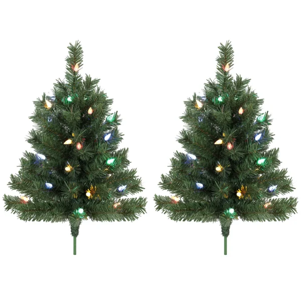 Verlichte Kerstboom 60 Cm, Set Van 2, Kunstmatig, Met 60 Kleurrijke LED lampjes, 130 Takpunten, Groen