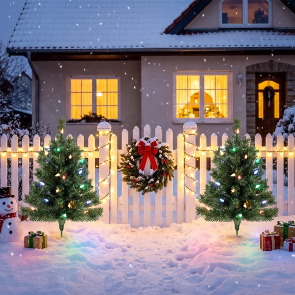 Verlichte Kerstboom 60 Cm, Set Van 2, Kunstmatig, Met 60 Kleurrijke LED lampjes, 130 Takpunten, Groen