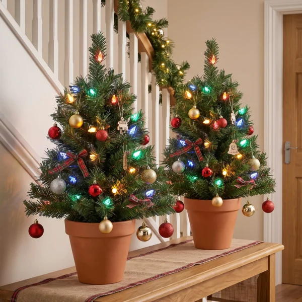 Verlichte Kerstboom 60 Cm, Set Van 2, Kunstmatig, Met 60 Kleurrijke LED lampjes, 130 Takpunten, Groen