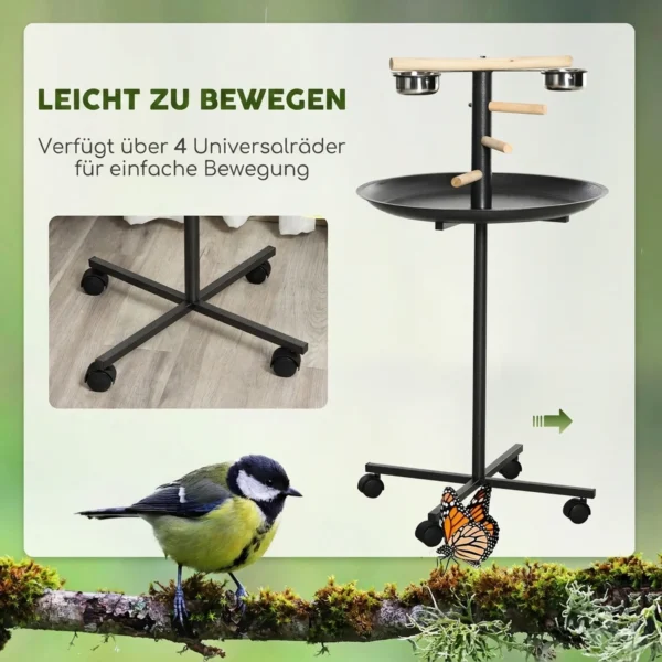 Vogelspeelstandaard, Draagbare Papegaai Zitstok Met Vier Wielen, Roestvrijstalen Schalen Rond Dienblad