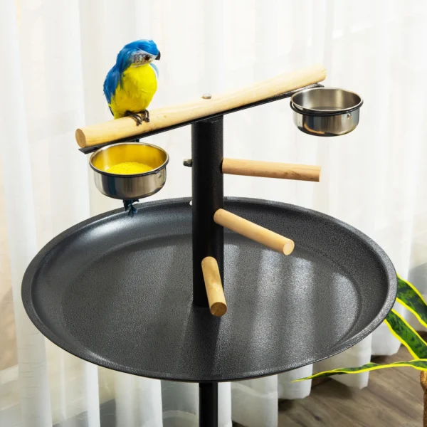 Vogelspeelstandaard, Draagbare Papegaai Zitstok Met Vier Wielen, Roestvrijstalen Schalen Rond Dienblad