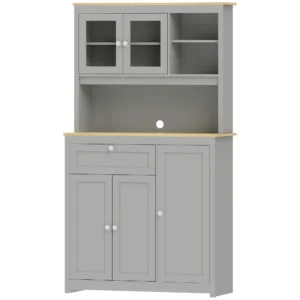 Voorraadkast Met Open Werkblad En Kabeldoorvoer, Keukenbuffet Met Glazen Deuren Grijs, 180cm