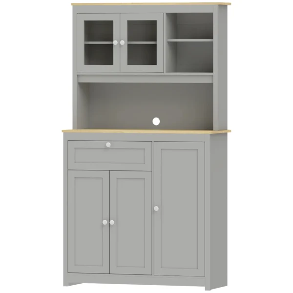 Voorraadkast Met Open Werkblad En Kabeldoorvoer, Keukenbuffet Met Glazen Deuren Grijs, 180cm
