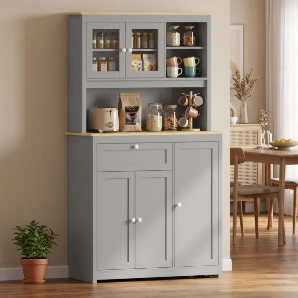 Voorraadkast Met Open Werkblad En Kabeldoorvoer, Keukenbuffet Met Glazen Deuren Grijs, 180cm