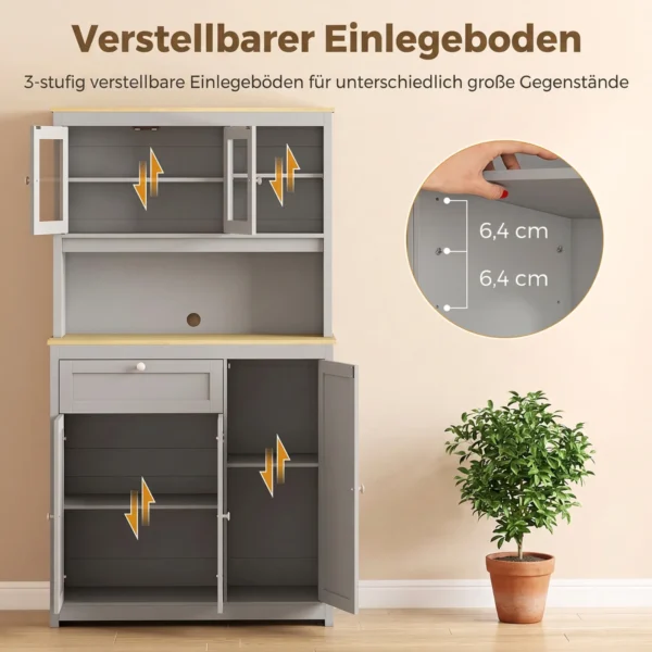 Voorraadkast Met Open Werkblad En Kabeldoorvoer, Keukenbuffet Met Glazen Deuren Grijs, 180cm