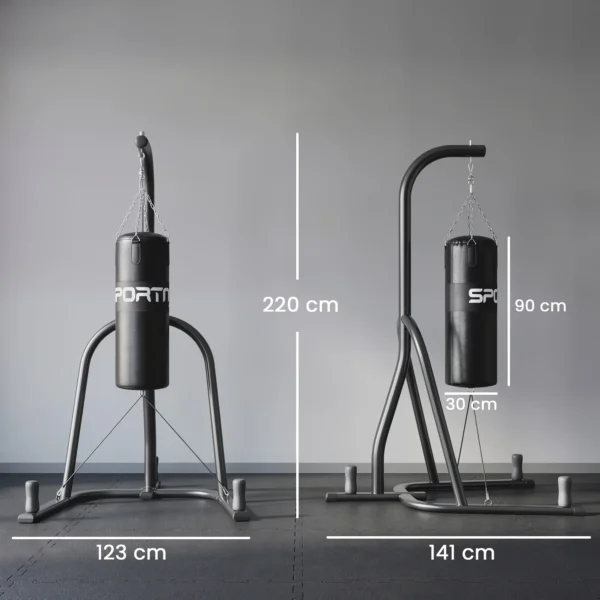 Vrijstaande Bokszakstandaard Met Bokszak, Bungee touw, 360° Ketting, U basis, Halterschijfbevestiging, Staal