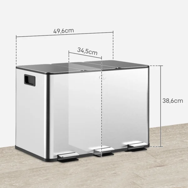 Vuilnisbak Met 3 X 10 L Vakken, Deodorant deksel, Vingerafdrukbestendig, Soft close, Uitneembaar, Zilver
