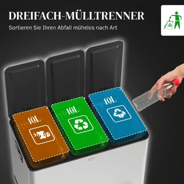 Vuilnisbak Met 3 X 10 L Vakken, Deodorant deksel, Vingerafdrukbestendig, Soft close, Uitneembaar, Zilver