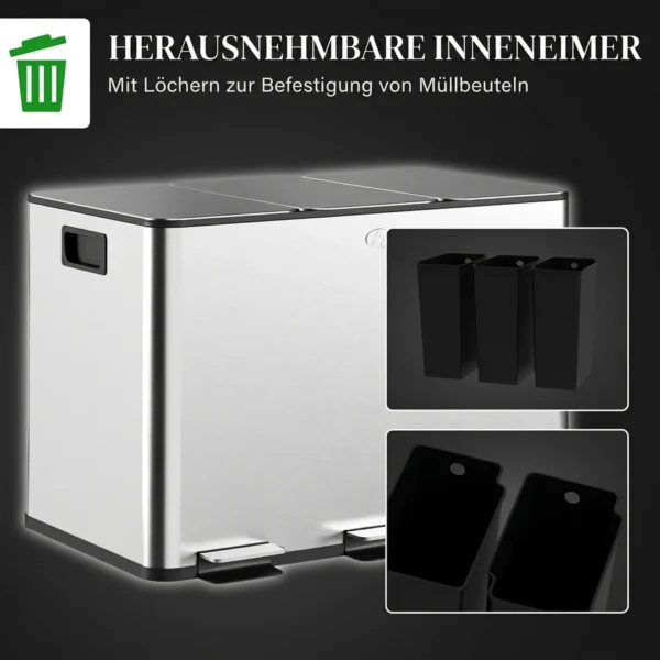 Vuilnisbak Met 3 X 10 L Vakken, Deodorant deksel, Vingerafdrukbestendig, Soft close, Uitneembaar, Zilver