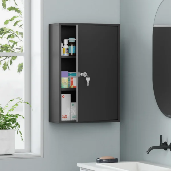 Wand Medischkast, Badkamerkast Met 3 Planken, 2 Sleutels, 40 X 18 X 60 Cm, Zwart