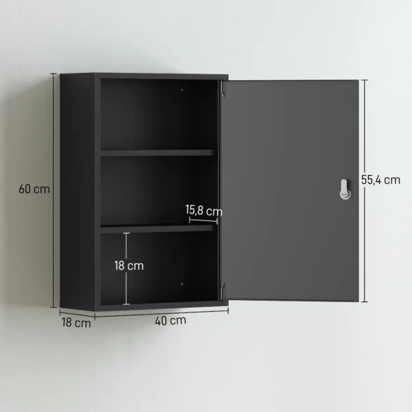 Wand Medischkast, Badkamerkast Met 3 Planken, 2 Sleutels, 40 X 18 X 60 Cm, Zwart