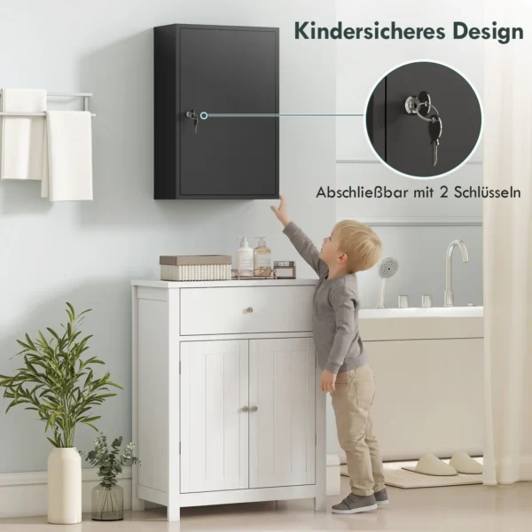 Wand Medischkast, Badkamerkast Met 3 Planken, 2 Sleutels, 40 X 18 X 60 Cm, Zwart
