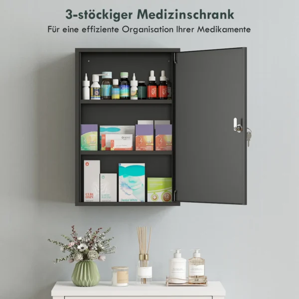 Wand Medischkast, Badkamerkast Met 3 Planken, 2 Sleutels, 40 X 18 X 60 Cm, Zwart
