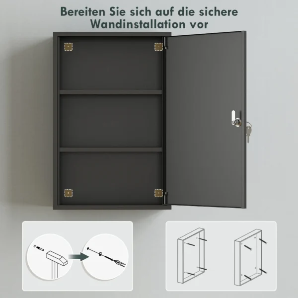 Wand Medischkast, Badkamerkast Met 3 Planken, 2 Sleutels, 40 X 18 X 60 Cm, Zwart
