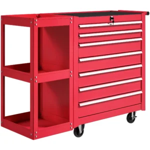 Werkplaatswagen Gereedschapswagen Met 7 Lades, Afneembaar Zijrek, 4 Wielen Met Parkeerrem, 96x33,5x75cm, Rood