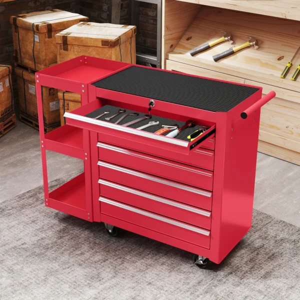 Werkplaatswagen Gereedschapswagen Met 7 Lades, Afneembaar Zijrek, 4 Wielen Met Parkeerrem, 96x33,5x75cm, Rood