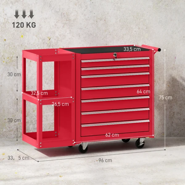 Werkplaatswagen Gereedschapswagen Met 7 Lades, Afneembaar Zijrek, 4 Wielen Met Parkeerrem, 96x33,5x75cm, Rood