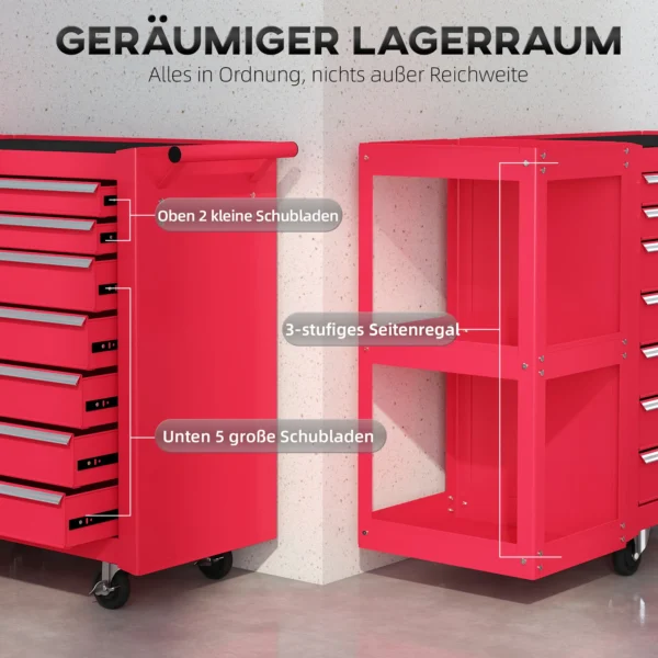 Werkplaatswagen Gereedschapswagen Met 7 Lades, Afneembaar Zijrek, 4 Wielen Met Parkeerrem, 96x33,5x75cm, Rood