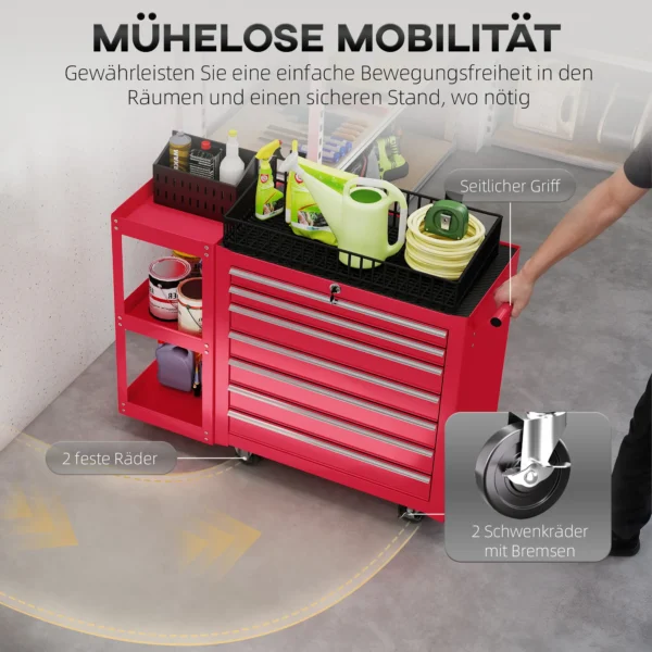 Werkplaatswagen Gereedschapswagen Met 7 Lades, Afneembaar Zijrek, 4 Wielen Met Parkeerrem, 96x33,5x75cm, Rood
