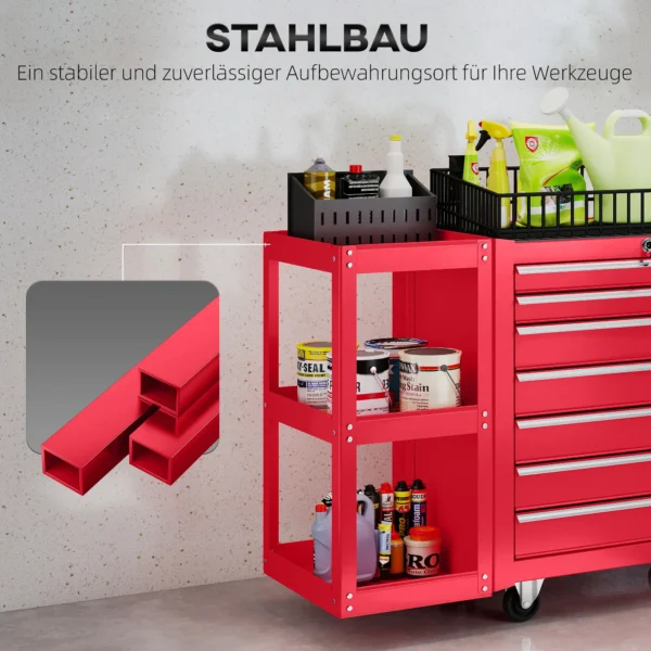 Werkplaatswagen Gereedschapswagen Met 7 Lades, Afneembaar Zijrek, 4 Wielen Met Parkeerrem, 96x33,5x75cm, Rood