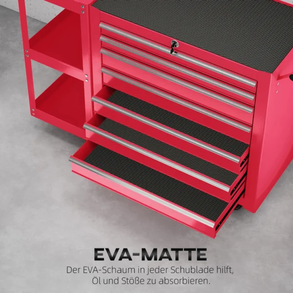 Werkplaatswagen Gereedschapswagen Met 7 Lades, Afneembaar Zijrek, 4 Wielen Met Parkeerrem, 96x33,5x75cm, Rood