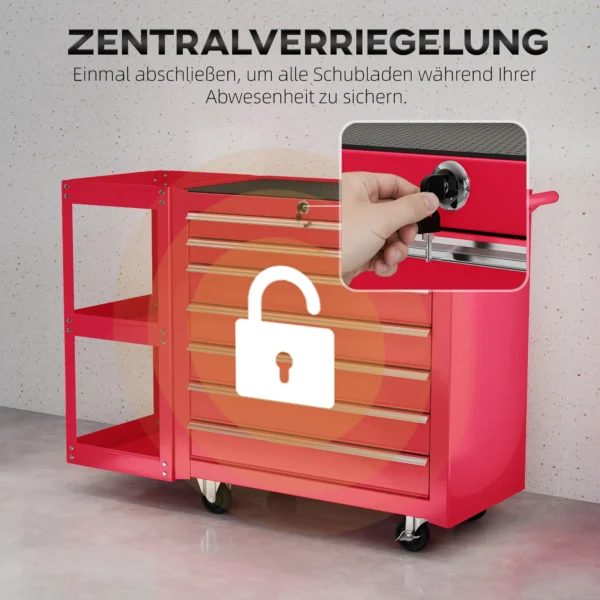 Werkplaatswagen Gereedschapswagen Met 7 Lades, Afneembaar Zijrek, 4 Wielen Met Parkeerrem, 96x33,5x75cm, Rood