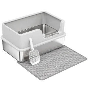 XL Kattenbak Van Roestvrij Staal Met Deksel, Hoge Zijwanden, Schep Borstel Mat Voor Kittens Tot 8 Kg Lichtgrijs