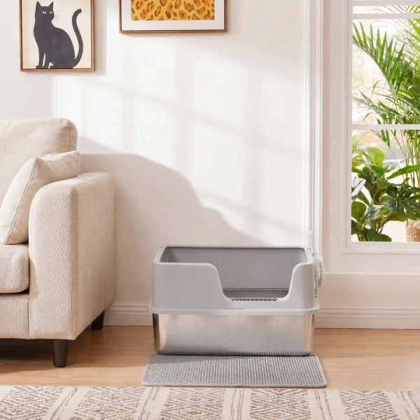 XL Kattenbak Van Roestvrij Staal Met Deksel, Hoge Zijwanden, Schep Borstel Mat Voor Kittens Tot 8 Kg Lichtgrijs