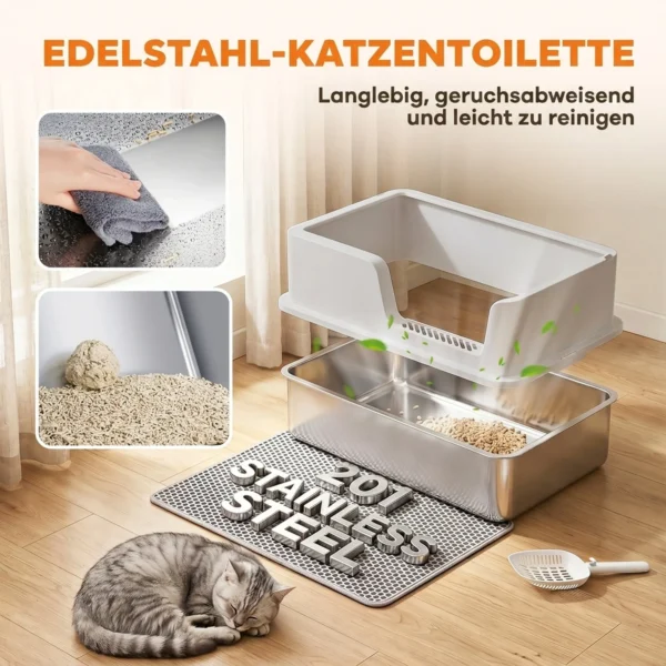 XL Kattenbak Van Roestvrij Staal Met Deksel, Hoge Zijwanden, Schep Borstel Mat Voor Kittens Tot 8 Kg Lichtgrijs