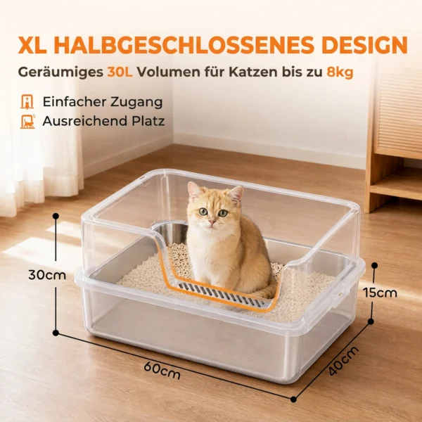 XL Kattenbak Van Roestvrij Staal Met Deksel, Hoge Zijwanden, Schep Borstel Mat Voor Kittens Tot 8 Kg Lichtgrijs