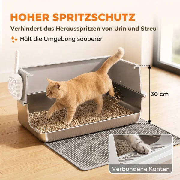 XL Kattenbak Van Roestvrij Staal Met Deksel, Hoge Zijwanden, Schep Borstel Mat Voor Kittens Tot 8 Kg Lichtgrijs