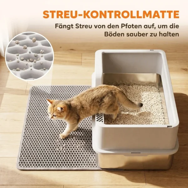 XL Kattenbak Van Roestvrij Staal Met Deksel, Hoge Zijwanden, Schep Borstel Mat Voor Kittens Tot 8 Kg Lichtgrijs