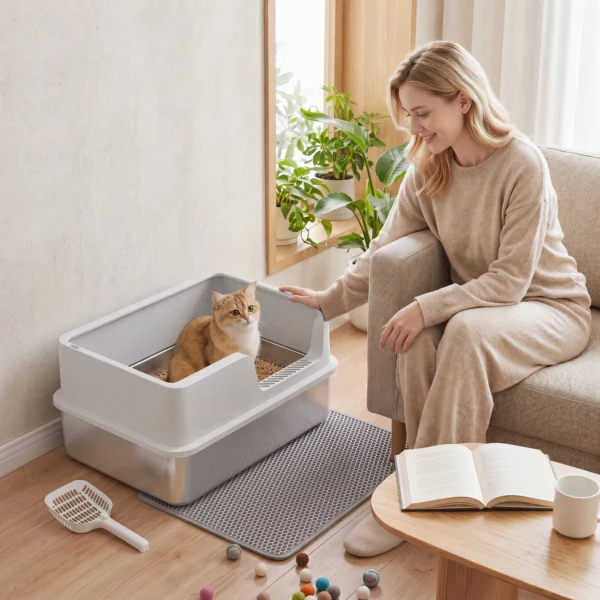 XL Kattenbak Van Roestvrij Staal Met Deksel, Hoge Zijwanden, Schep Borstel Mat Voor Kittens Tot 8 Kg Lichtgrijs