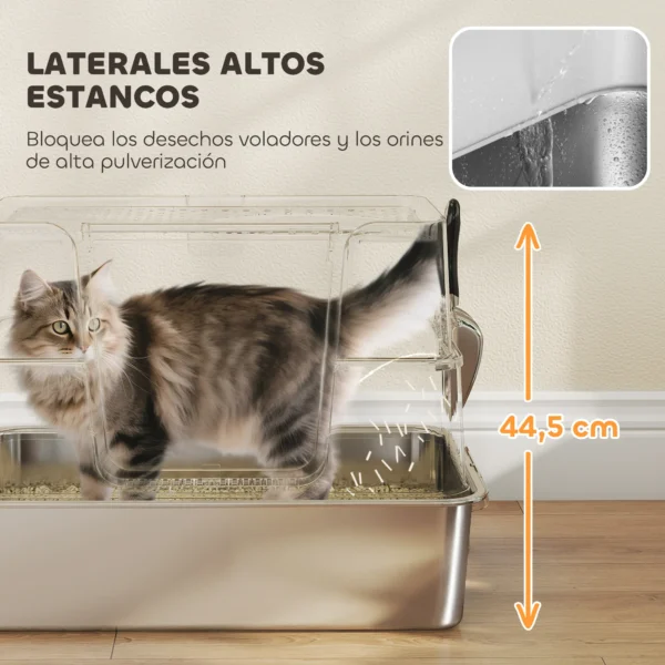 XL Roestvrijstalen Kattenbak Met Klapdeksel, Hoge Rand, Schep, Makkelijk Te Reinigen, Lekvrij, Lichtgrijs
