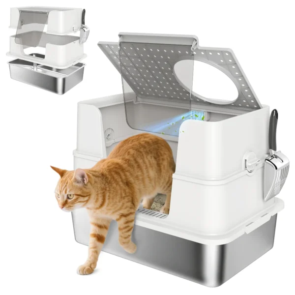 XL Roestvrijstalen Kattenbak Met Klapdeksel, Hoge Rand, Schep, Makkelijk Te Reinigen, Lekvrij, Lichtgrijs