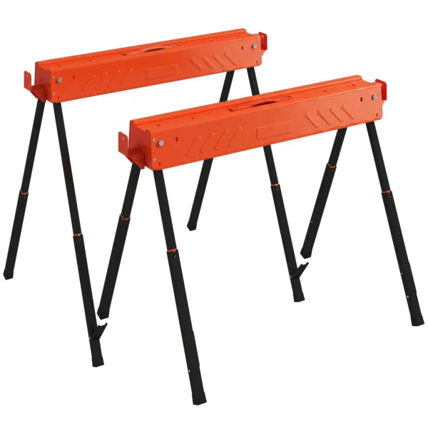 Zaagbokken In Tweepak, Inklapbare Werkbank zaagbokken Met In Hoogte Verstelbare Poten, 2x4 Houder, Draaghandvat, Oranje