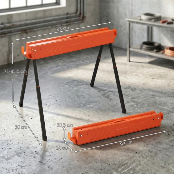 Zaagbokken In Tweepak, Inklapbare Werkbank zaagbokken Met In Hoogte Verstelbare Poten, 2x4 Houder, Draaghandvat, Oranje