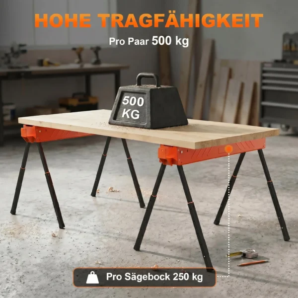 Zaagbokken In Tweepak, Inklapbare Werkbank zaagbokken Met In Hoogte Verstelbare Poten, 2x4 Houder, Draaghandvat, Oranje