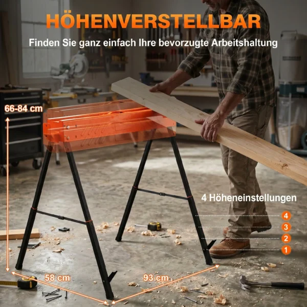 Zaagbokken In Tweepak, Inklapbare Werkbank zaagbokken Met In Hoogte Verstelbare Poten, 2x4 Houder, Draaghandvat, Oranje