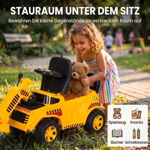 Zitgraafmachine Met Schepstuur, Kindergraafmachine Met Ophefbare Voorrol, Claxon, Opbergruimte Onder De Zitplaats