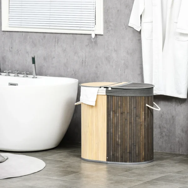 100 L Wasmand Met Deksel, Handvat, 2 Secties, Uitneembare Waszak, Voor Slaapkamer, Bamboe Grijs+Natuur