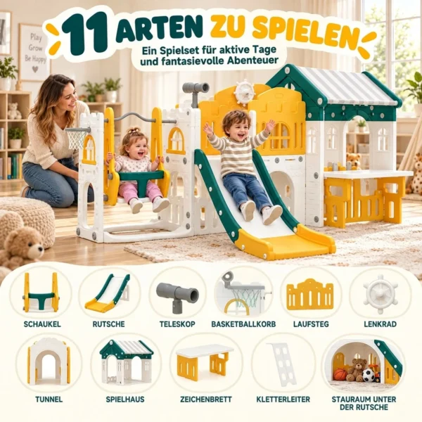 11 In 1 Kinderglijbaan Met Schommel Speelhuis Tuinrutsche Met Tunnel Basketbalring Verrekijker Stuur Tekentafel