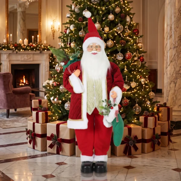 120 Cm Zingende & Dansende Kerstman, Staande Geanimeerde Kerstfiguur Met Kous, Zak, Geactiveerd Door Geluid/aanraking