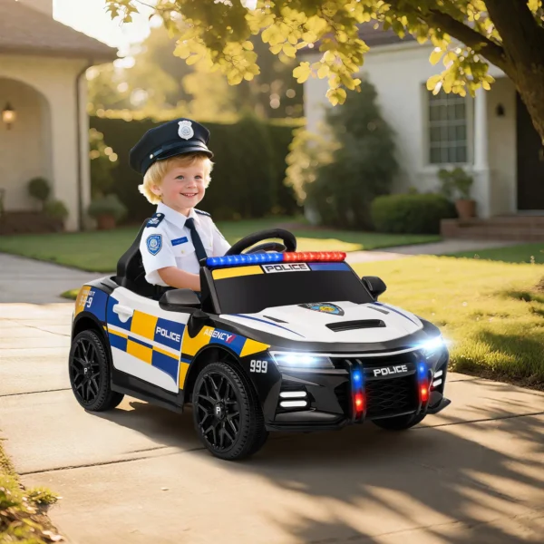 12V Kinder Elektrische Politieauto Met Afstandsbediening, Sirene, Waarschuwingslicht, Muziek & Toeter, Dubbele Motoren, Ophanging, Wit