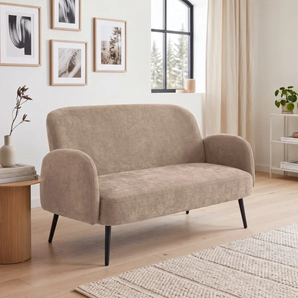 132 Cm 2 zitsbank, Klein Fluwelen Bankje Met Brede Zitting, Bekleding En Metalen Poten, Bruin