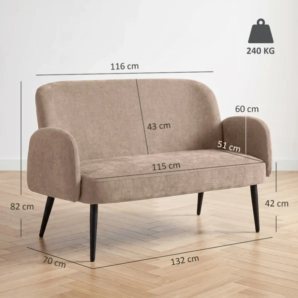 132 Cm 2 zitsbank, Klein Fluwelen Bankje Met Brede Zitting, Bekleding En Metalen Poten, Bruin
