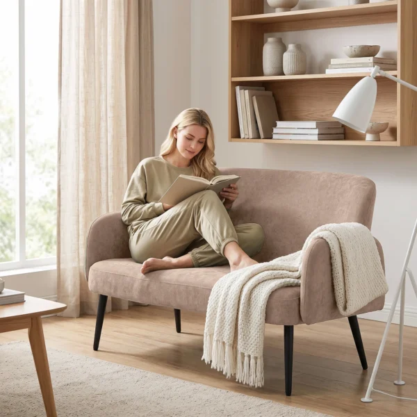 132 Cm 2 zitsbank, Klein Fluwelen Bankje Met Brede Zitting, Bekleding En Metalen Poten, Bruin