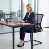 2 delige Set Ergonomische Bureaustoelen Zonder Wielen, Gevoerde Vergaderstoelen Met Sledeframe Voor Wachtkamers En Receptie, Zwart